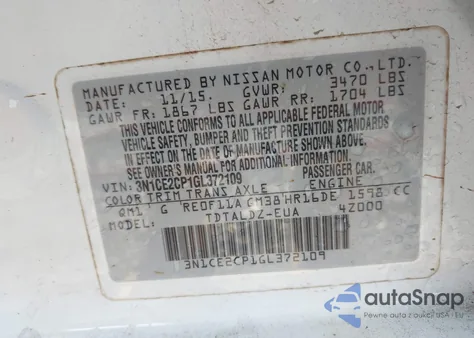 2016 Nissan Versa Note S (Sr)/S Plus/Sl/Sr/Sv z USA, uszkodzony, nr VIN 3N1CE2CP1GL372109